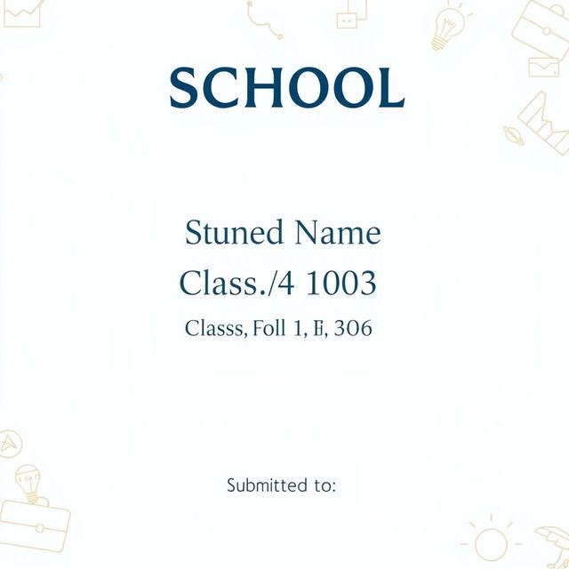 A clean and professional front page cover design for a business studies project, incorporating the following text elements: the school name prominently displayed at the top in a bold and stylish font; the student's name just below in an elegant, slightly larger font; the class and roll number clearly presented in the center; and at the bottom, a designated area saying 'Submitted to' with space for a teacher's name