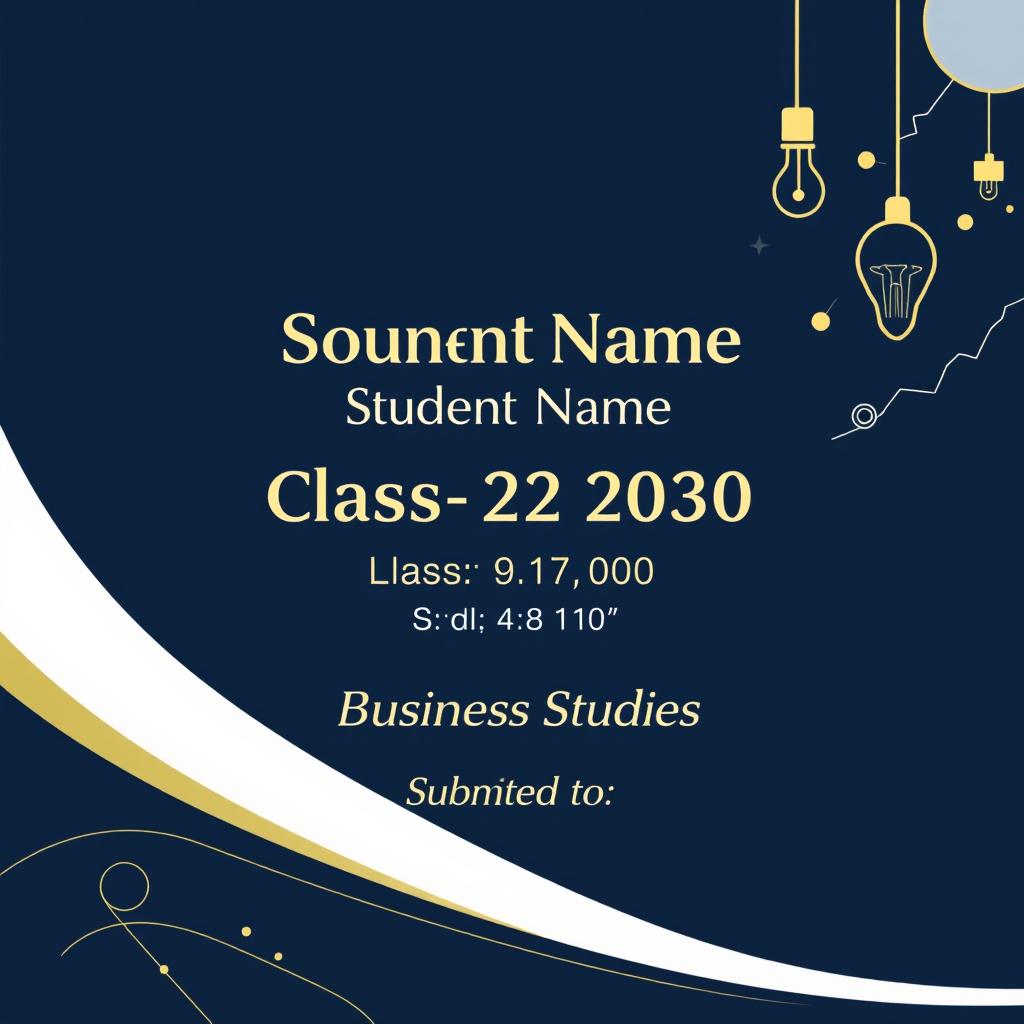 A polished and professional front page cover design for a business studies project, showcasing the following key elements: the school name at the top in a strong, bold font that captures attention; the student's name beneath it in a stylish, prominent font; the class and roll number clearly centered on the page for easy visibility; and at the bottom, a designated area labeled 'Submitted to' for the teacher's name, elegantly formatted