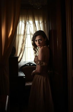 A beautiful and mysterious young woman, evocative of a hidden life, dressed in an elegant vintage gown, peering through a partially open door with a curious gaze