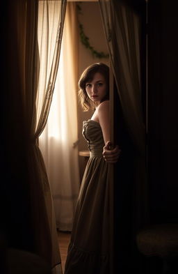 A beautiful and mysterious young woman, evocative of a hidden life, dressed in an elegant vintage gown, peering through a partially open door with a curious gaze