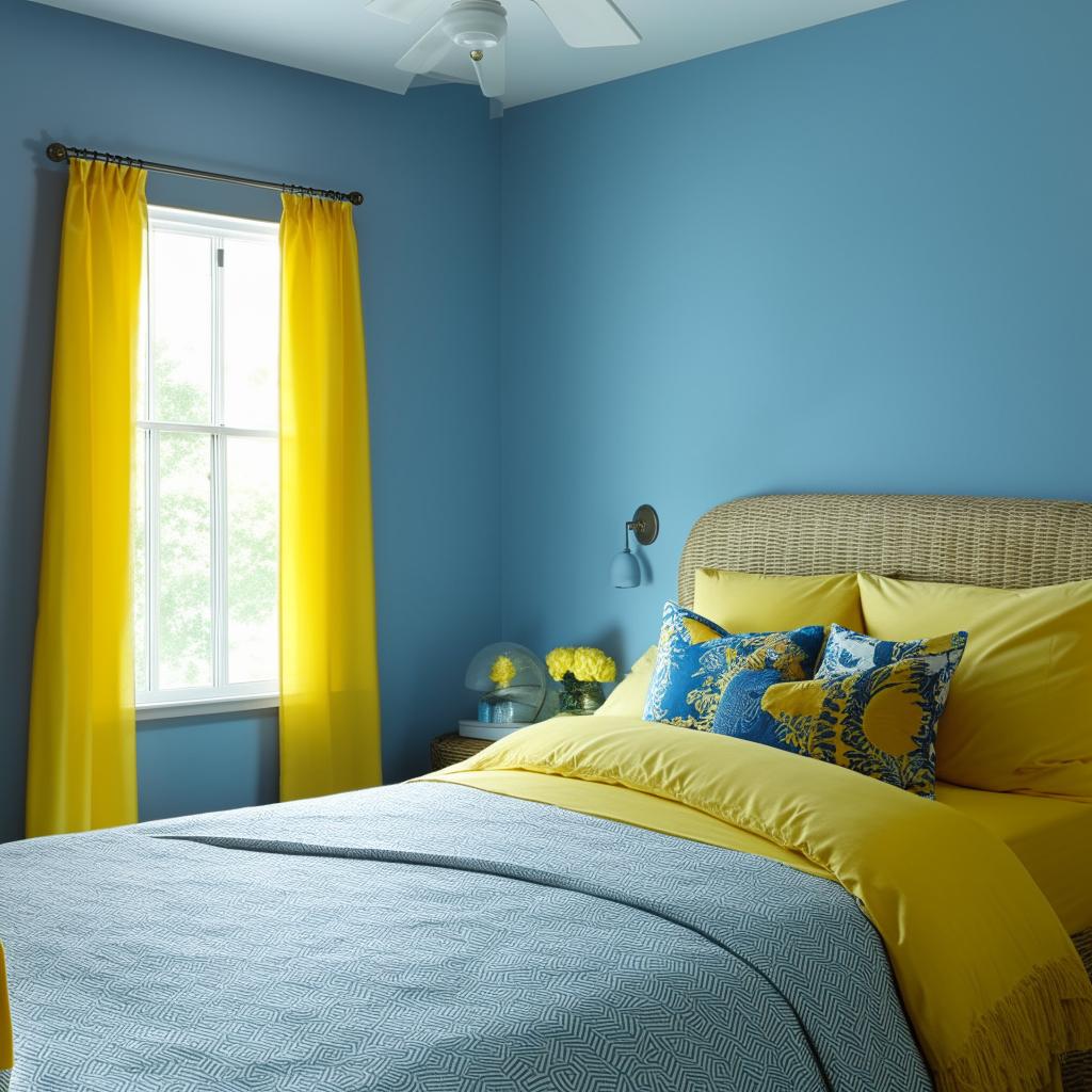 A vibrant bedroom with a theme of blue and yellow colors. The room features blue walls, yellow accents in the form of bed sheets, pillows and curtains. Subtle hints of these colors may also be found in the decor pieces.