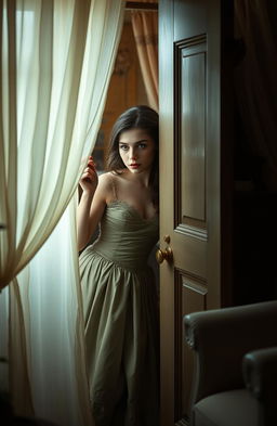 A beautiful and mysterious young woman, evocative of a hidden life, dressed in an elegant vintage gown, peering through a partially open door with a curious gaze