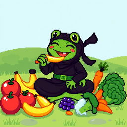 A colorful pixel art scene featuring a happy ninja frog, wearing a traditional black ninja outfit with a little green belt, joyfully eating an assortment of fresh fruits and vegetables