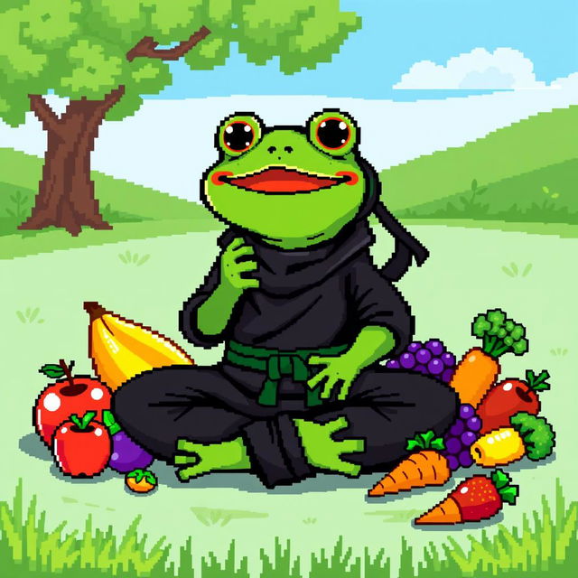 A colorful pixel art scene featuring a happy ninja frog, wearing a traditional black ninja outfit with a little green belt, joyfully eating an assortment of fresh fruits and vegetables