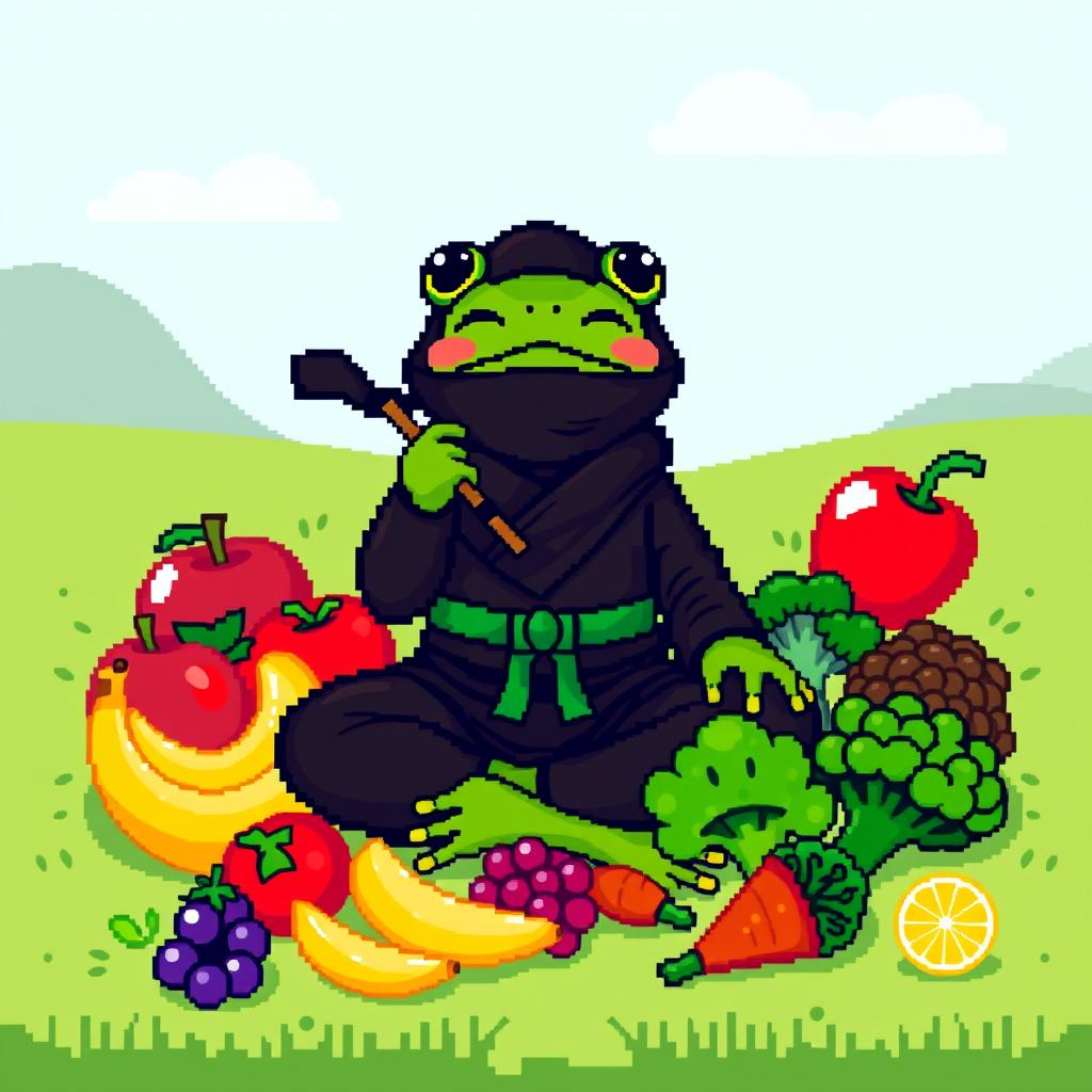 A colorful pixel art scene featuring a happy ninja frog, wearing a traditional black ninja outfit with a little green belt, joyfully eating an assortment of fresh fruits and vegetables