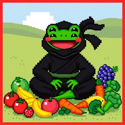 A colorful pixel art scene featuring a happy ninja frog, wearing a traditional black ninja outfit with a little green belt, joyfully eating an assortment of fresh fruits and vegetables