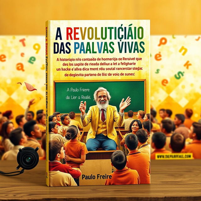 A captivating book cover design for 'A Revolução das Palavras Vivas: A História Não Contada do Homem que Ensinou o Mundo a Ler a Realidade'