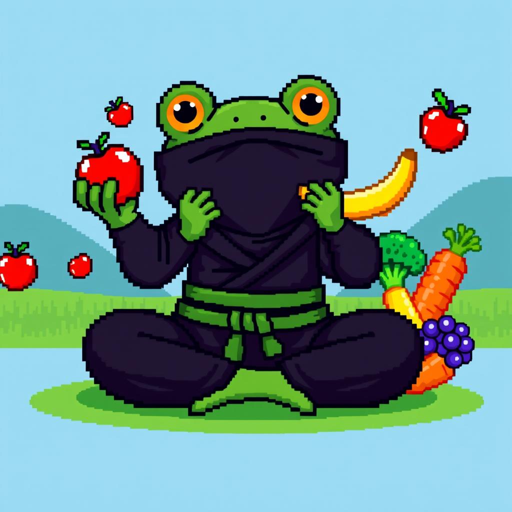 A colorful pixel art scene showcasing a happy ninja frog, dressed in a classic black ninja outfit with a little green belt