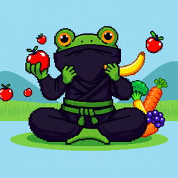 A colorful pixel art scene showcasing a happy ninja frog, dressed in a classic black ninja outfit with a little green belt