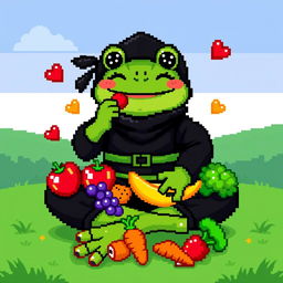 A colorful pixel art scene showcasing a happy ninja frog, dressed in a classic black ninja outfit with a little green belt