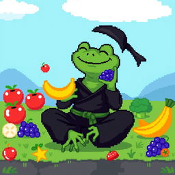 A colorful pixel art scene showcasing a happy ninja frog, dressed in a classic black ninja outfit with a little green belt