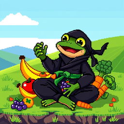 A colorful pixel art scene showcasing a happy ninja frog, dressed in a classic black ninja outfit with a little green belt