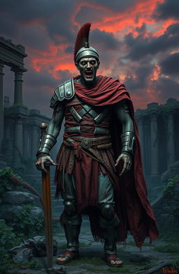A Roman zombie legionnaire, standing confidently in a post-apocalyptic landscape