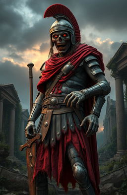 A Roman zombie legionnaire, standing confidently in a post-apocalyptic landscape