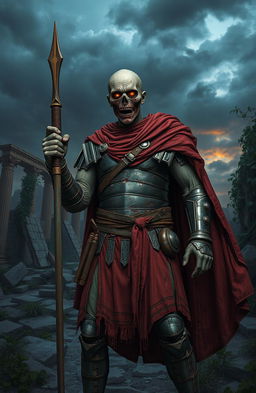 A Roman zombie legionnaire, standing confidently in a post-apocalyptic landscape