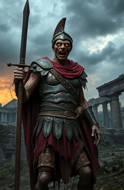 A Roman zombie legionnaire, standing confidently in a post-apocalyptic landscape