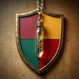 A shield emblem inspired by the rich colors of Harry Potter, divided into four sections each representing a House color: crimson red, navy blue, gold, and emerald green