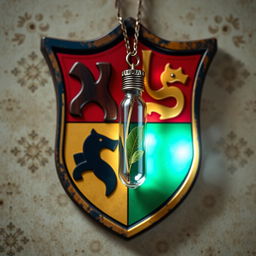 A shield emblem inspired by the rich colors of Harry Potter, divided into four sections each representing a House color: crimson red, navy blue, gold, and emerald green