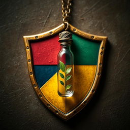 A shield emblem inspired by the rich colors of Harry Potter, divided into four sections each representing a House color: crimson red, navy blue, gold, and emerald green