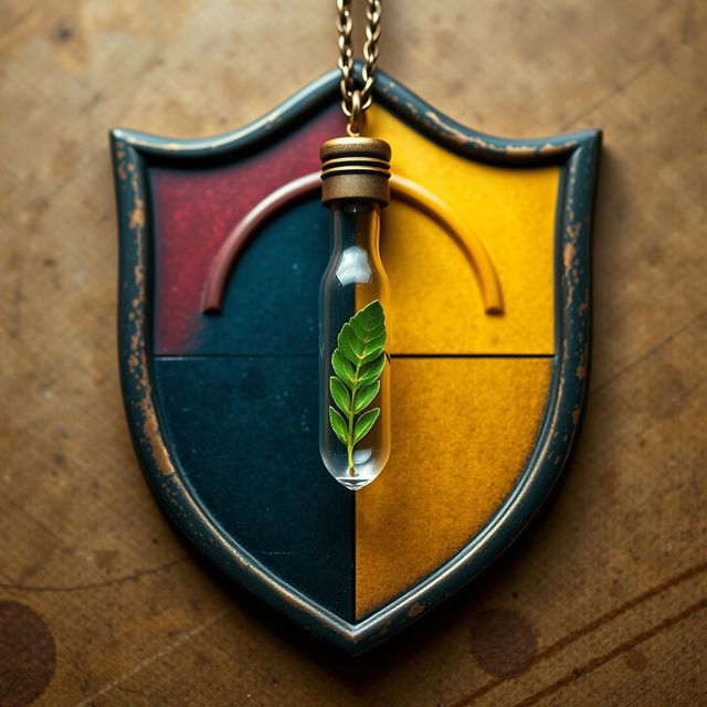 A shield emblem inspired by the rich colors of Harry Potter, divided into four sections each representing a House color: crimson red, navy blue, gold, and emerald green