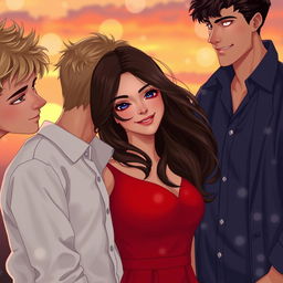 A romantic love triangle scene with one girl and two boys