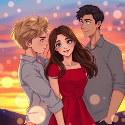 A romantic love triangle scene with one girl and two boys