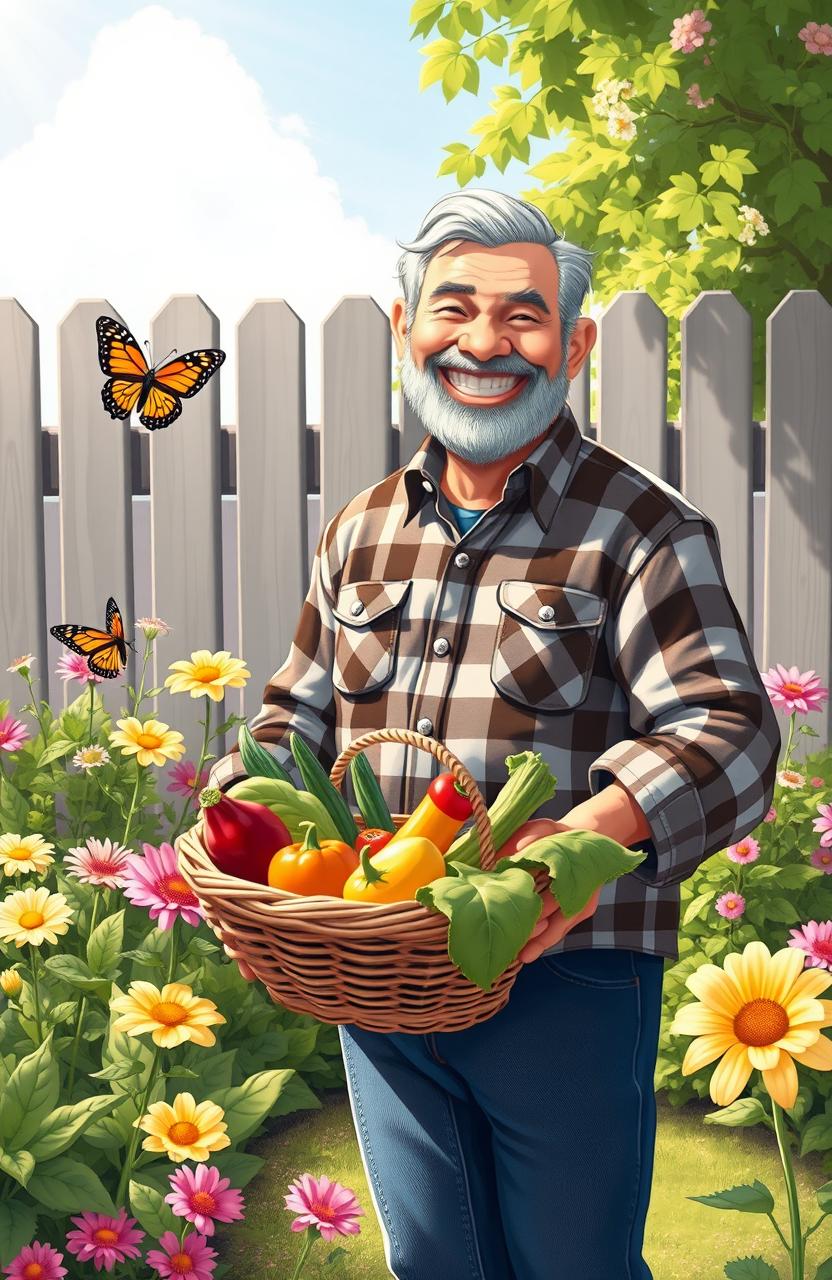 A whimsical and heartwarming scene featuring Uncle David, a middle-aged man with a jovial expression, dressed in a cozy plaid shirt and jeans, standing in a sunlit garden