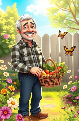 A whimsical and heartwarming scene featuring Uncle David, a middle-aged man with a jovial expression, dressed in a cozy plaid shirt and jeans, standing in a sunlit garden