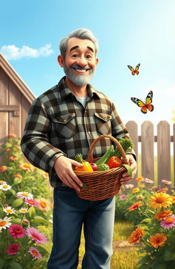 A whimsical and heartwarming scene featuring Uncle David, a middle-aged man with a jovial expression, dressed in a cozy plaid shirt and jeans, standing in a sunlit garden
