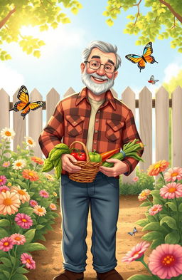 A whimsical and heartwarming scene featuring Uncle David, a middle-aged man with a jovial expression, dressed in a cozy plaid shirt and jeans, standing in a sunlit garden
