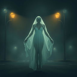 A beautiful ghostly figure with a generous bust, hauntingly captivating, yet without a visible head