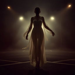 A beautiful ghostly figure with a generous bust, hauntingly captivating, yet without a visible head