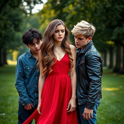 A dramatic love triangle scene featuring one girl and two boys, all expressing strong emotions