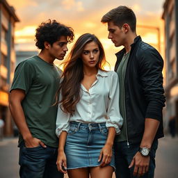 A dynamic love triangle featuring one girl and two boys, encapsulating a moment of emotional tension