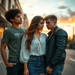 A dynamic love triangle featuring one girl and two boys, encapsulating a moment of emotional tension