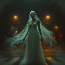 A beautiful ghostly figure with a generous bust, haunting and ethereal, featuring a head that appears to be separated from her body