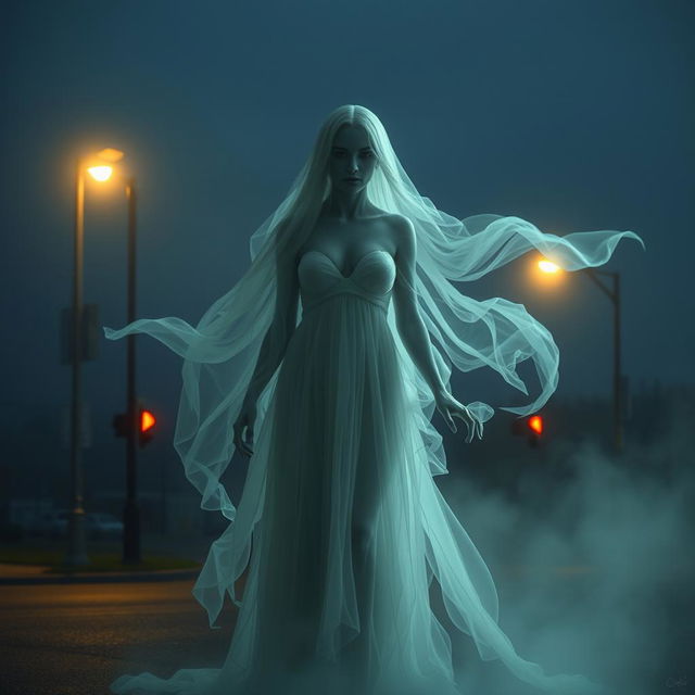 A beautiful ghostly figure with a generous bust, haunting and ethereal, featuring a head that appears to be separated from her body