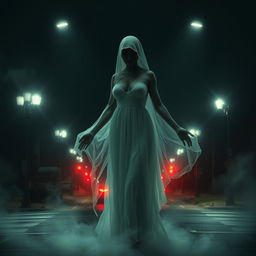 A beautiful ghostly figure with a generous bust, haunting and ethereal, featuring a head that appears to be separated from her body