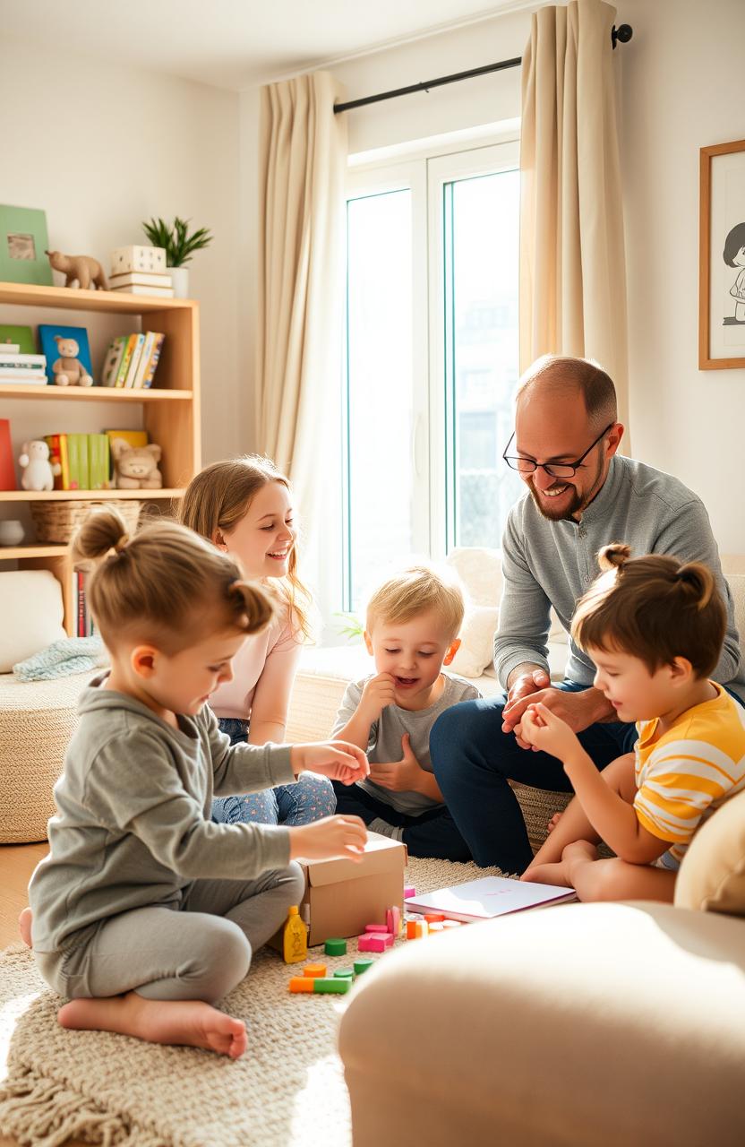 A warm and inviting scene of a family engaged in a fun and educational activity in their living room