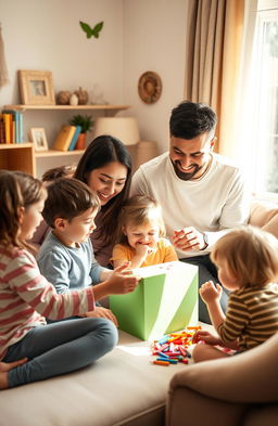 A warm and inviting scene of a family engaged in a fun and educational activity in their living room
