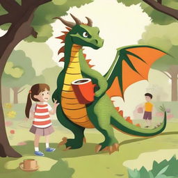 A dragon strolling through the park with a cup of coffee in its claw, accompanied by children.