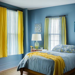 A vibrant bedroom with a theme of blue and yellow colors. The room features blue walls, yellow accents in the form of bed sheets, pillows and curtains. Subtle hints of these colors may also be found in the decor pieces.