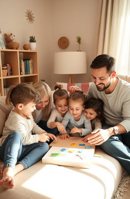 A warm and inviting scene of a family engaged in a fun and educational activity in their living room