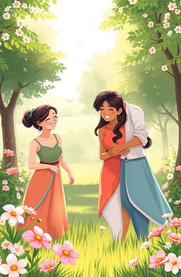 A heartwarming illustration depicting a beautiful and serene park setting where two couples, Jennifer and Vihaan alongside their stunning friends, are enjoying a sunny day outdoors