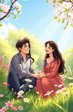 A heartwarming illustration depicting a beautiful and serene park setting where two couples, Jennifer and Vihaan alongside their stunning friends, are enjoying a sunny day outdoors