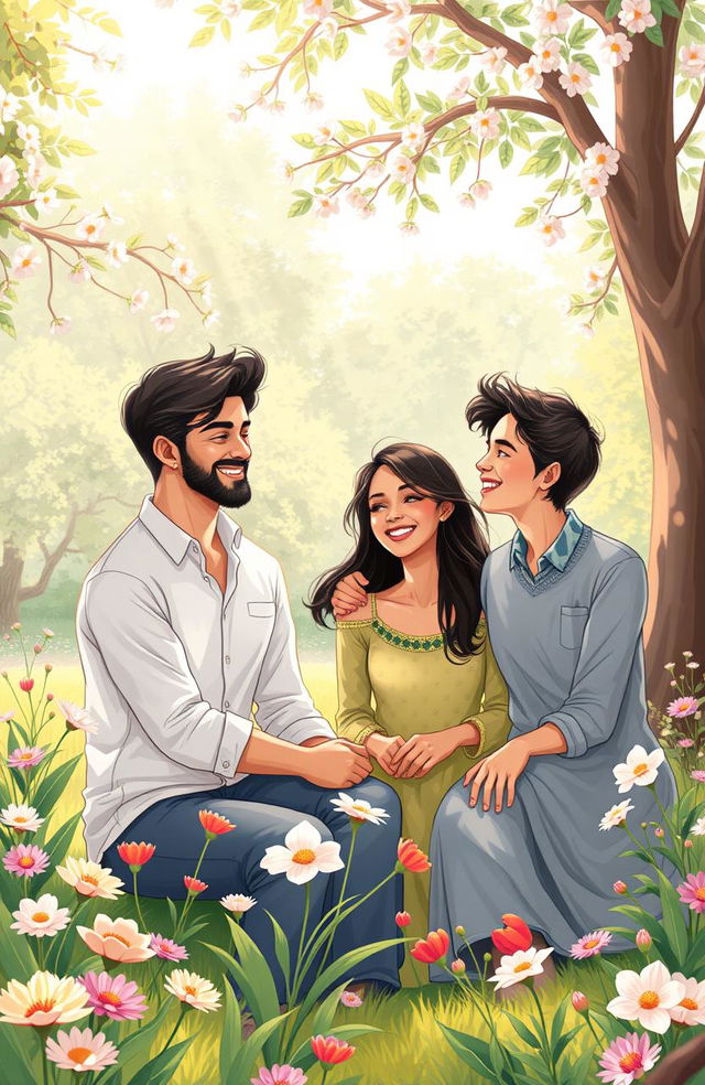 A heartwarming illustration depicting a beautiful and serene park setting where two couples, Jennifer and Vihaan alongside their stunning friends, are enjoying a sunny day outdoors