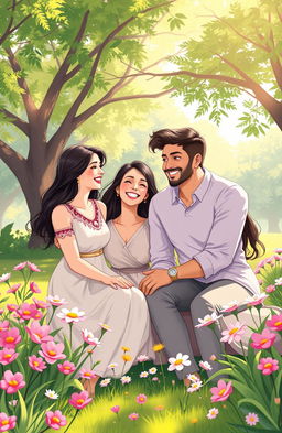 A heartwarming illustration depicting a beautiful and serene park setting where two couples, Jennifer and Vihaan alongside their stunning friends, are enjoying a sunny day outdoors