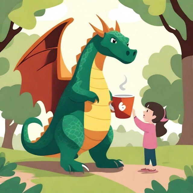 A dragon strolling through the park with a cup of coffee in its claw, accompanied by children.