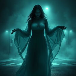 A beautiful ghostly figure with a generous bust, hauntingly captivating yet with no head visible