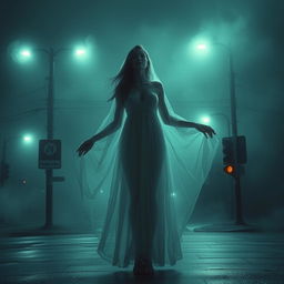 A beautiful ghostly figure with a generous bust, hauntingly captivating yet with no head visible